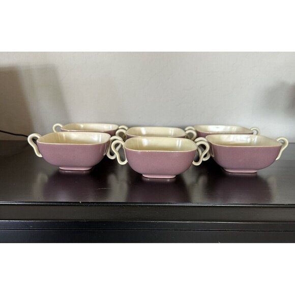 6 Franciscan Metropolitan Mauve Flat Cream Soup Bowls 1940 1957 Art Deco - Picture 2 of 10